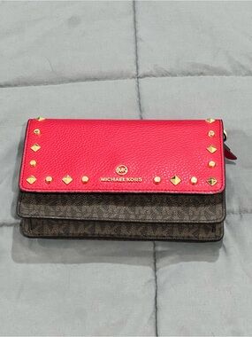 Michael Kors Hot Pink and Brown Signature Studded Crossbody Wallet